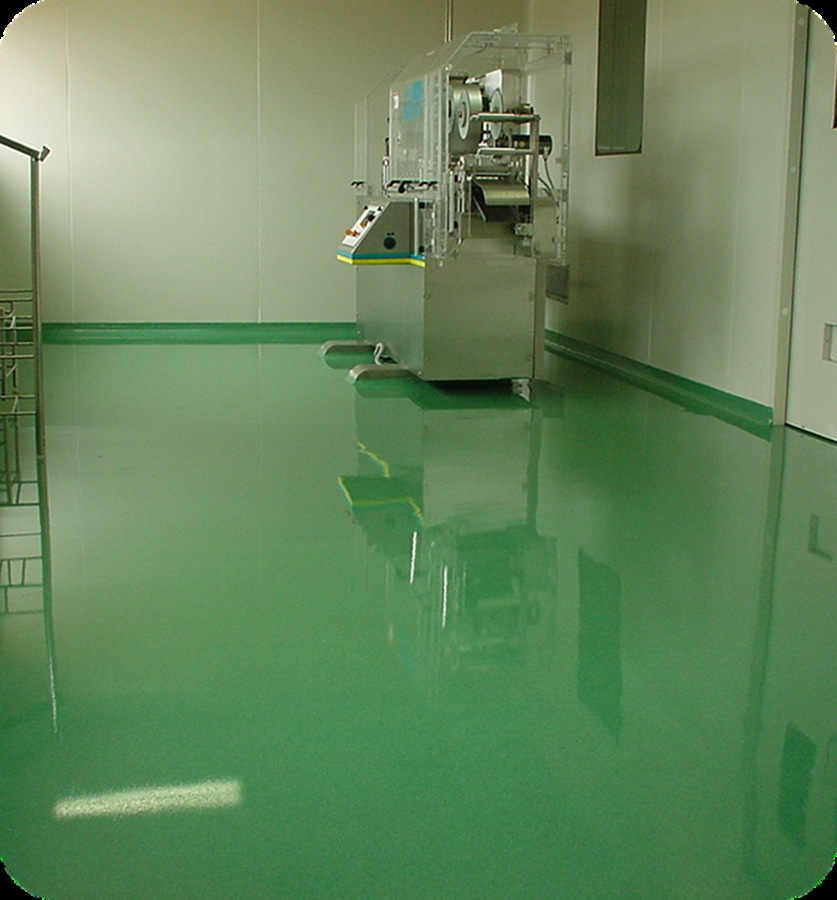Seamless green coated floor in a clean production room